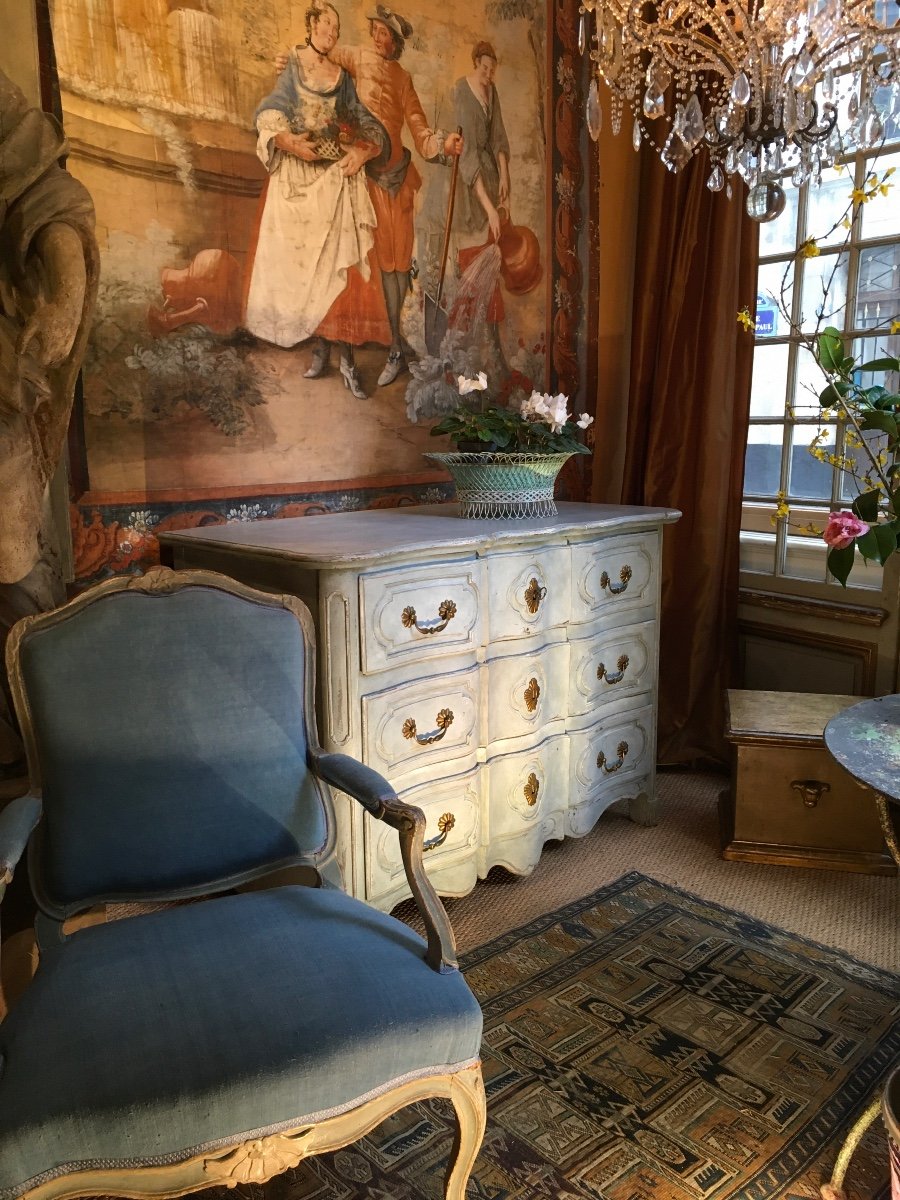 Commode Arbalète Peinte Ouvrant Sur 5 Tiroirs En Façade Avec Le Plateau Amovible D’époque 18 èm