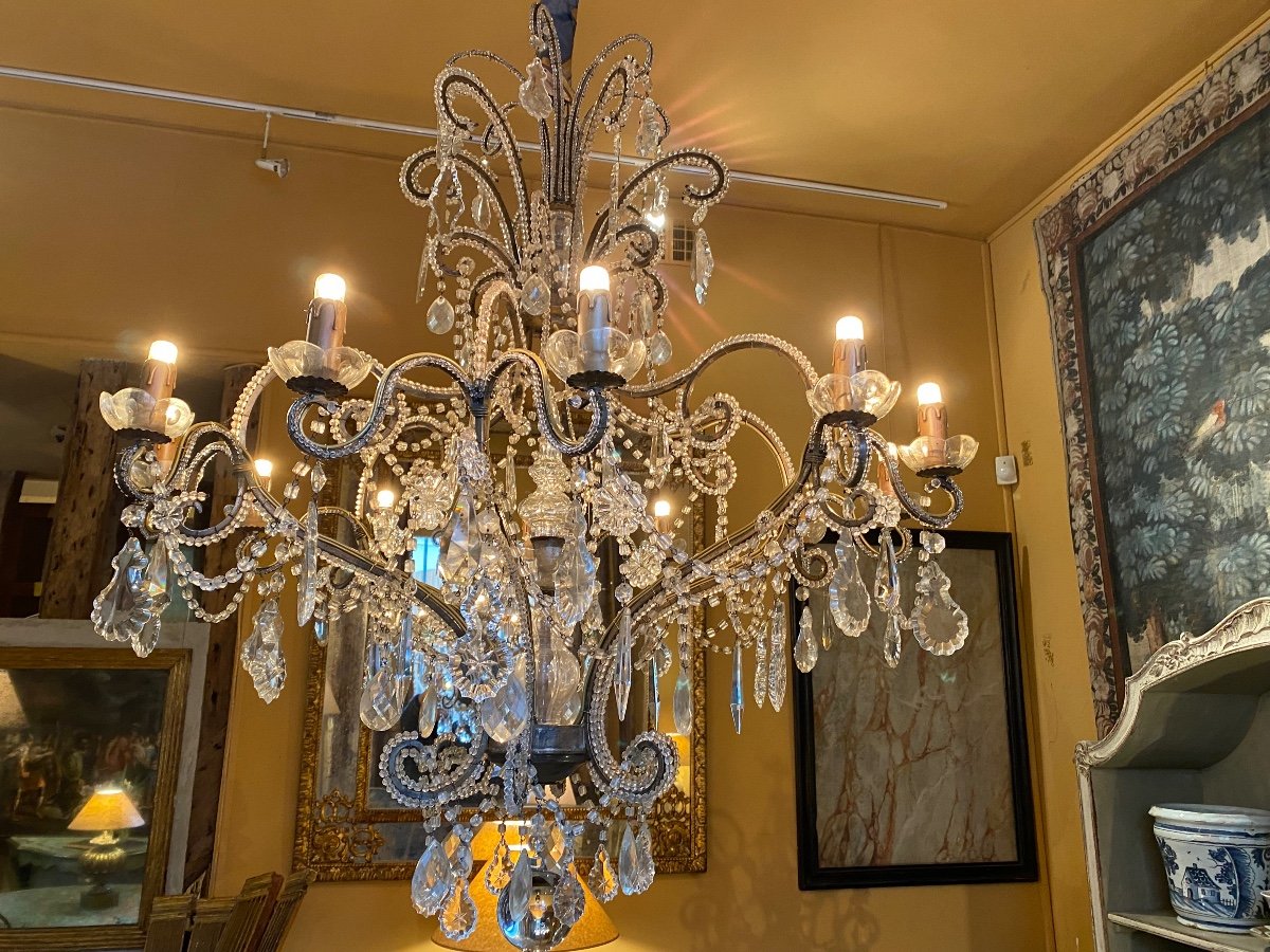 Cage Chandelier (music Room) With 12 Lights In Crystal And Glass Late 19th-photo-2