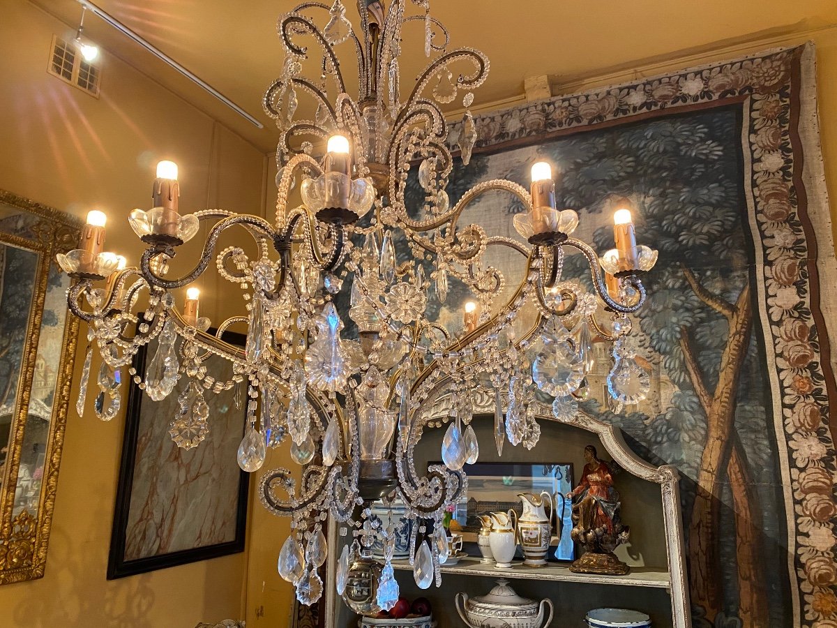Cage Chandelier (music Room) With 12 Lights In Crystal And Glass Late 19th