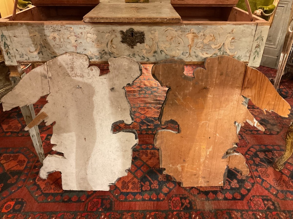 Silhouettes Pair Of Angels In Carved Wood Painted Trompe l'Oeil 20th -photo-2