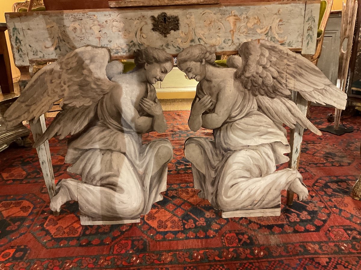 Silhouettes Pair Of Angels In Carved Wood Painted Trompe l'Oeil 20th -photo-3