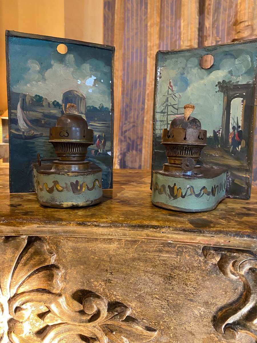 Pair Of Painted Sheet Metal Sconces With Their Directoire Period Glass-photo-2