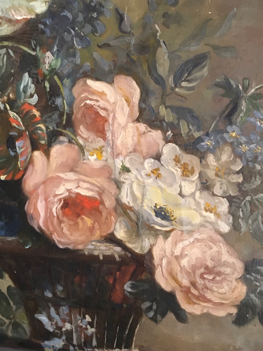 Paire HST  Natures MortesMarouflées Sur Panneaux ( Bouquets De Fleurs )-photo-3