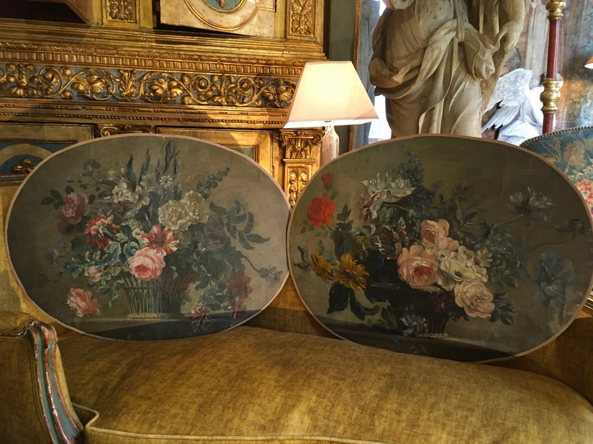 Paire HST  Natures MortesMarouflées Sur Panneaux ( Bouquets De Fleurs )