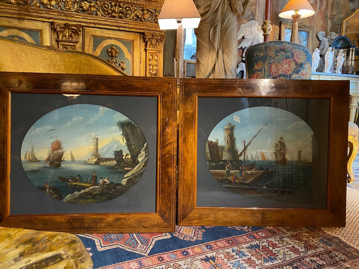 Paire Hstoiles D’époque 18 ème Représentant Pour L’une Le Port De Naples Et L’autre Smyrne