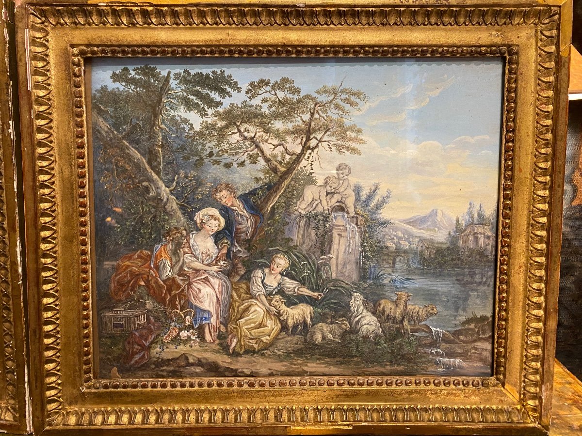 Paire De Gouaches Encadrées Sur Parchemin D’époque 18 ème ( Scène Pastorale )-photo-2