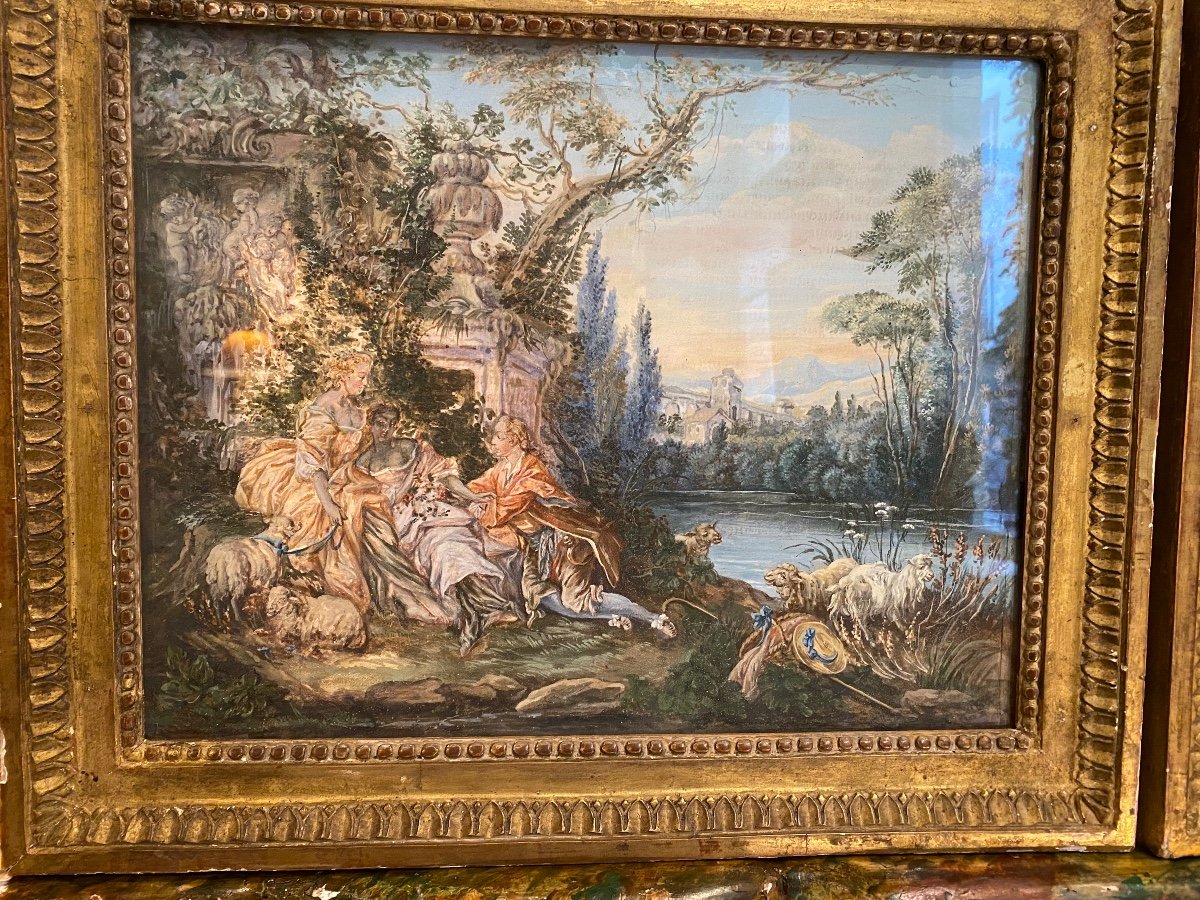 Paire De Gouaches Encadrées Sur Parchemin D’époque 18 ème ( Scène Pastorale )-photo-3
