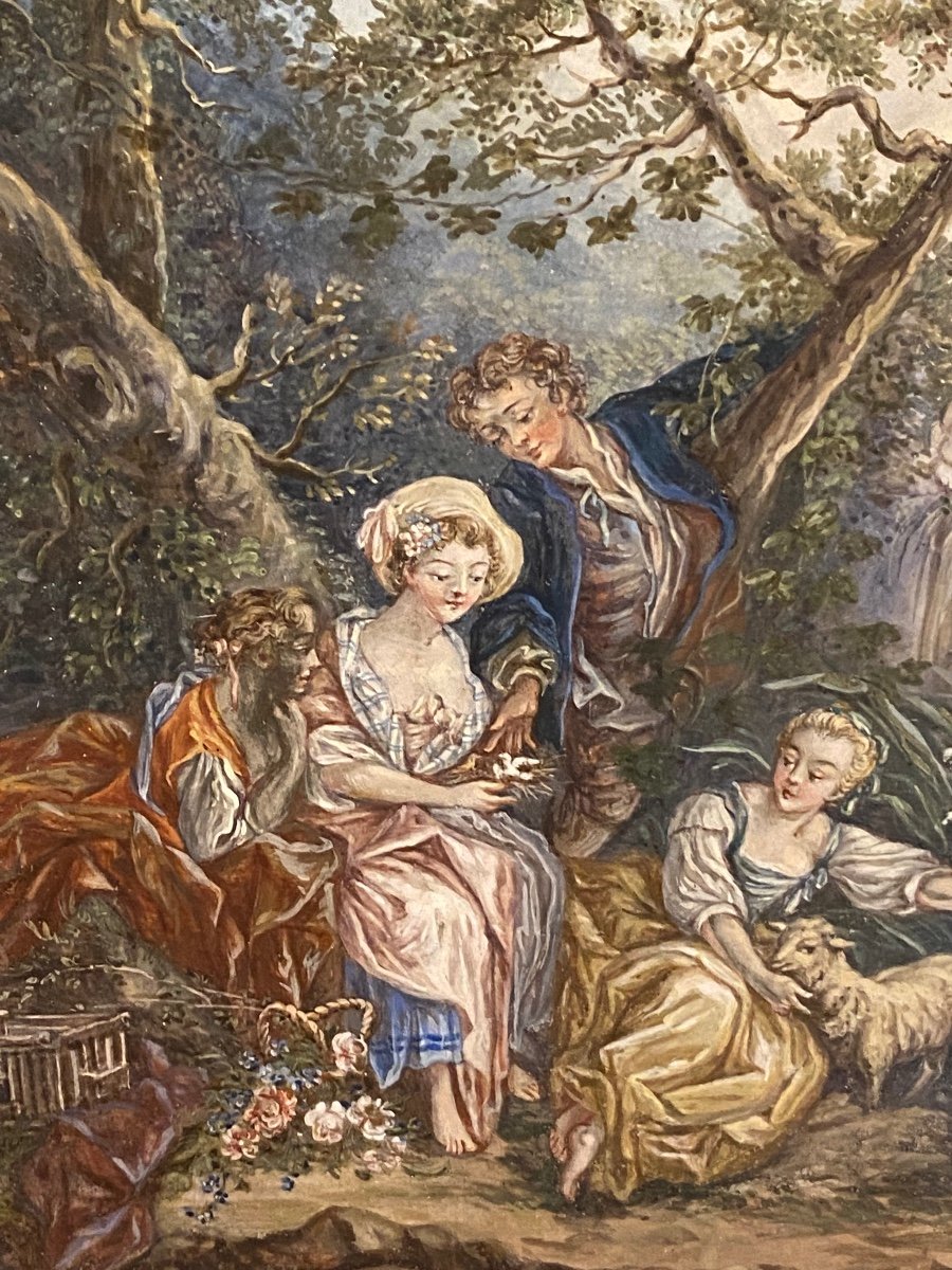 Paire De Gouaches Encadrées Sur Parchemin D’époque 18 ème ( Scène Pastorale )-photo-4