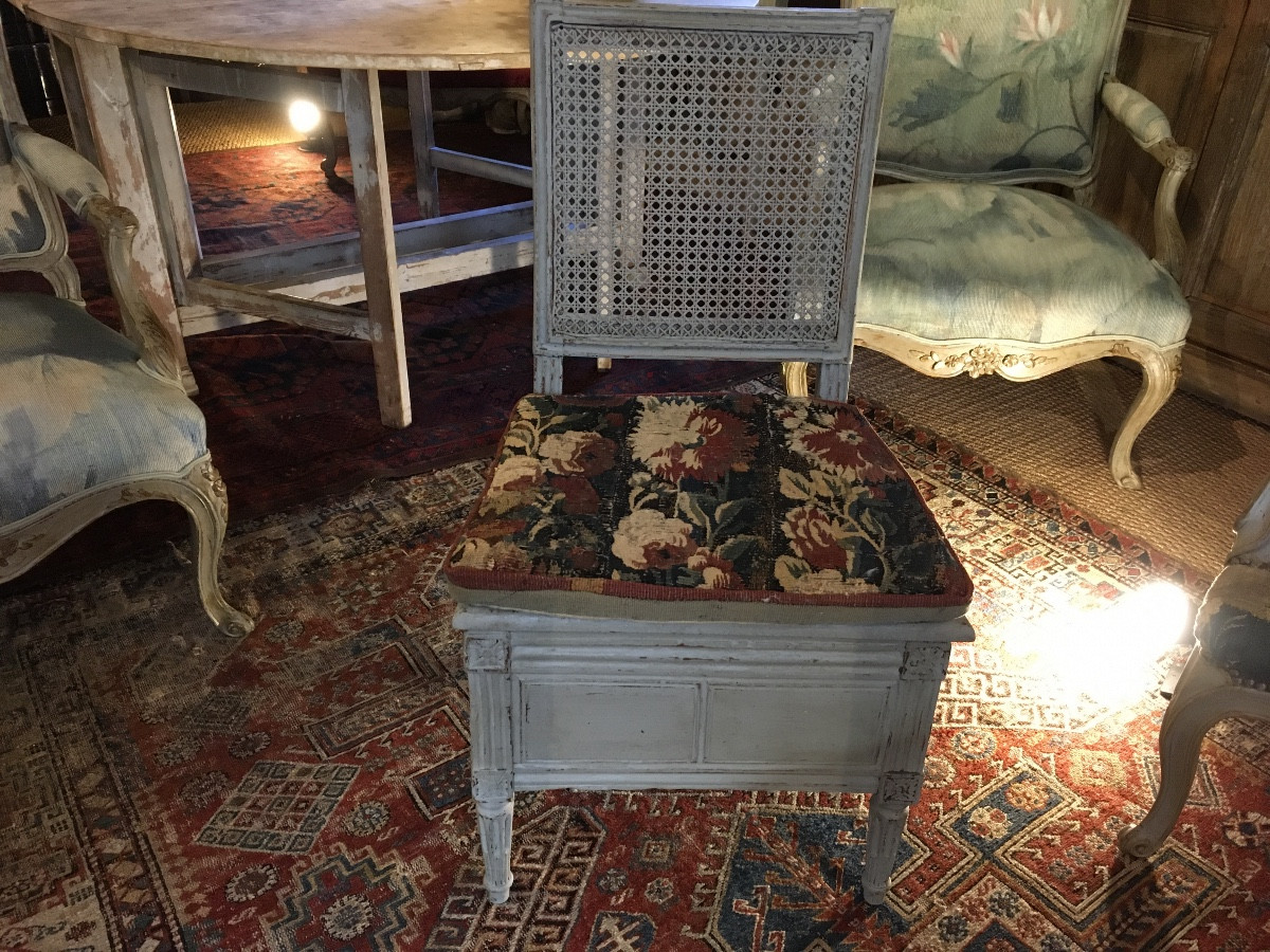 Louis XVI Painted Cane Commode Chair (18th Century Tapestry Cushion)