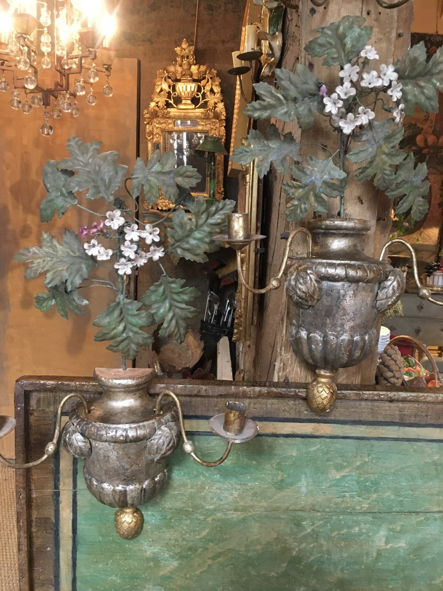 Pair Of 2-branch Wall Lights In Silver-plated Carved Wood Topped With Painted Sheet Metal Foliage-photo-2