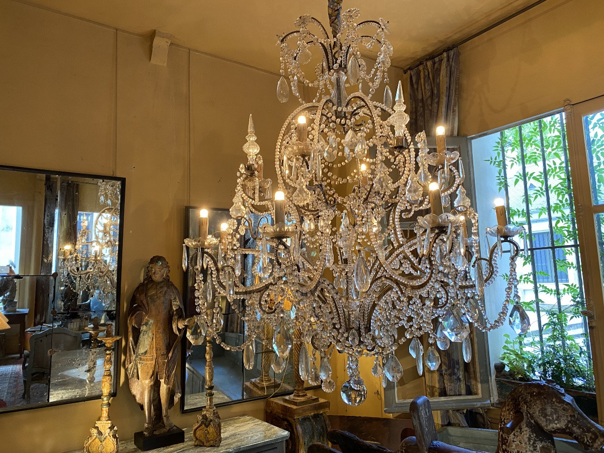 Grand lustre-cage à  2 étages et à 12 lumières  fin XIX ème en verre et cristal -photo-2