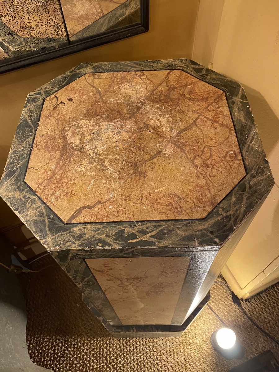 Pair Of Octagonal Columns In Faux-marble Painted Wood (italy, Late 19th Century)-photo-2