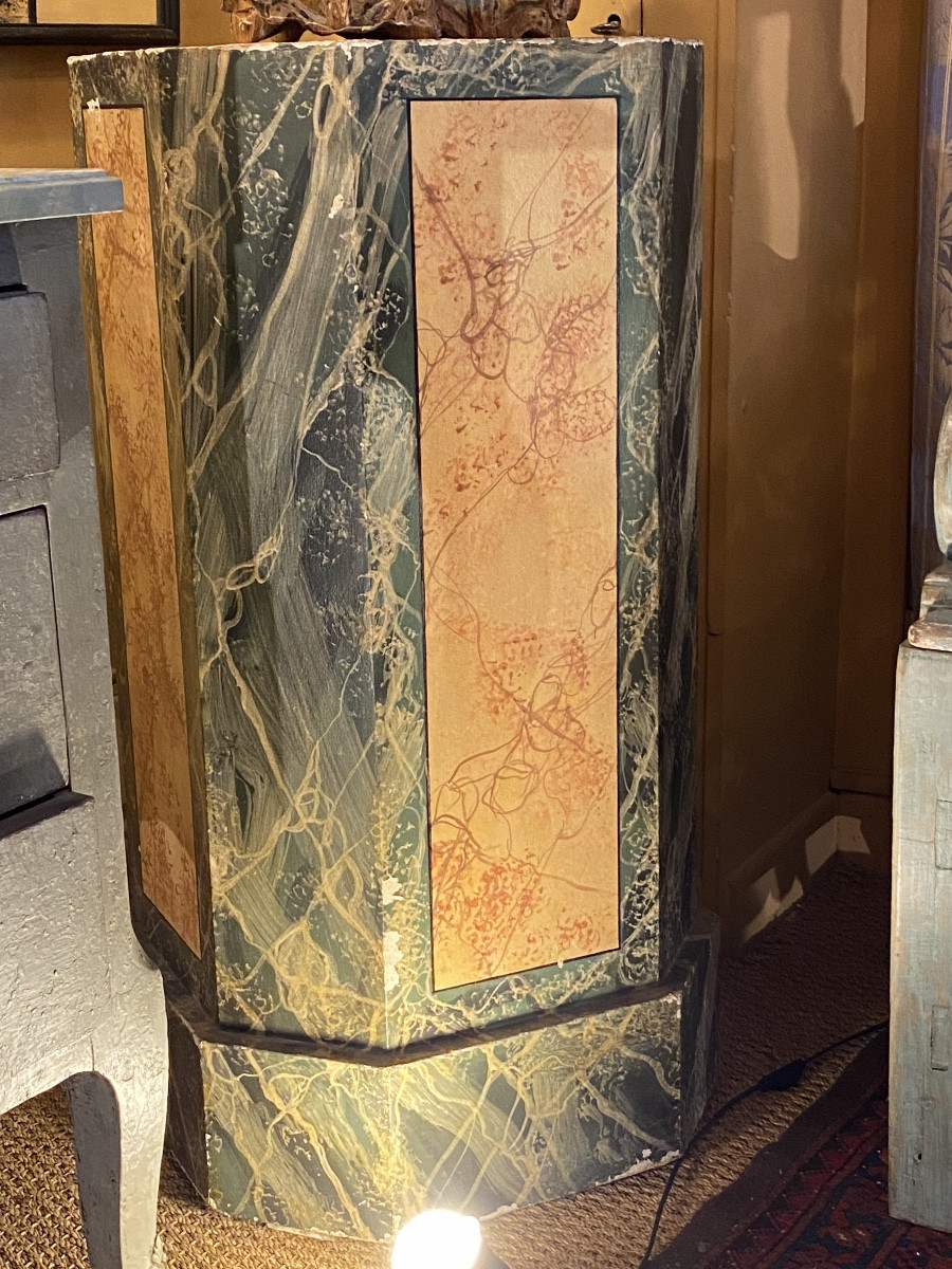 Pair Of Octagonal Columns In Faux-marble Painted Wood (italy, Late 19th Century)-photo-3