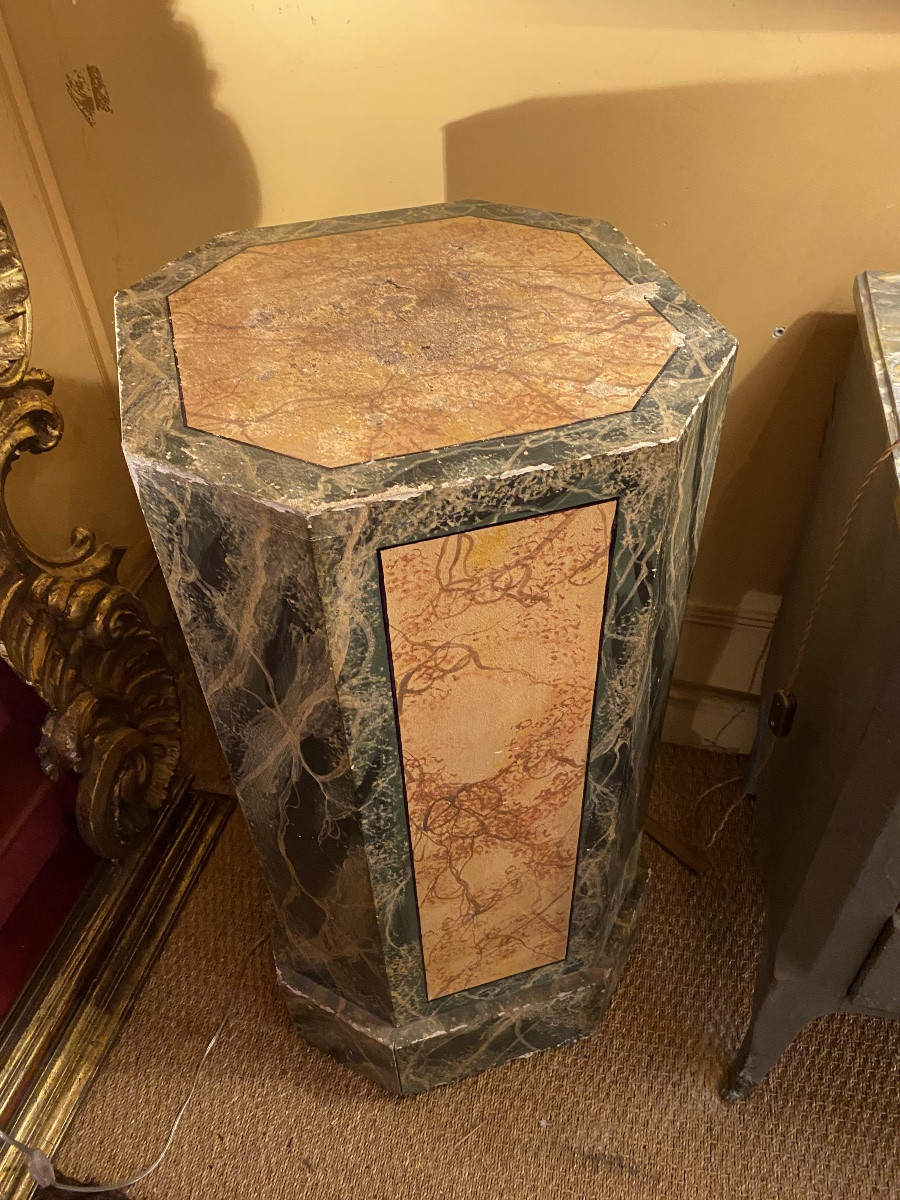 Pair Of Octagonal Columns In Faux-marble Painted Wood (italy, Late 19th Century)-photo-1
