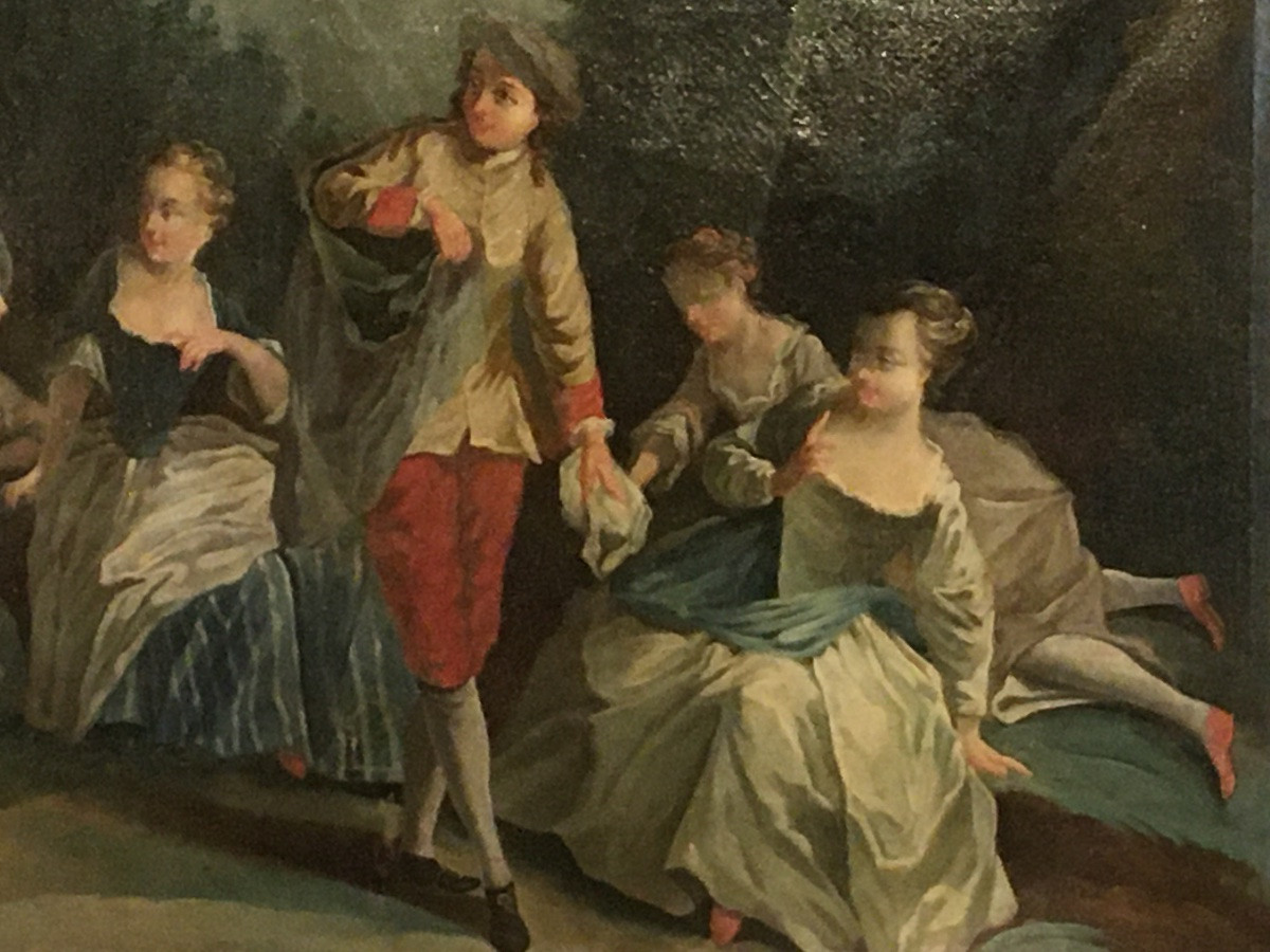 Large Framed Oil On Canvas From The 18th Century Depicting A Gallant Scene-photo-2