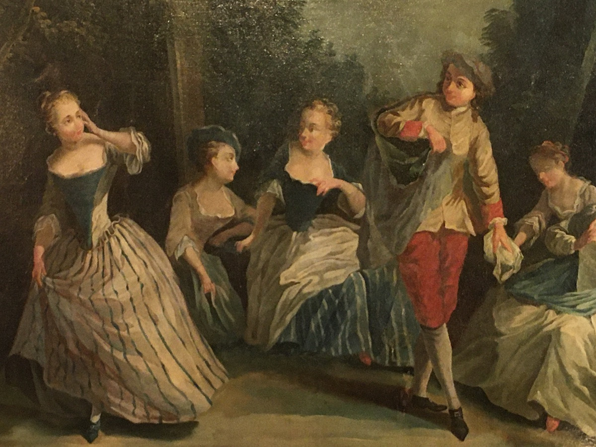 Large Framed Oil On Canvas From The 18th Century Depicting A Gallant Scene-photo-3