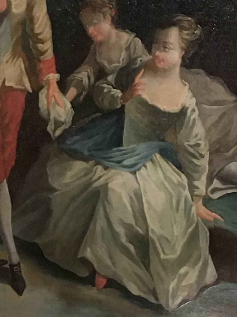 Large Framed Oil On Canvas From The 18th Century Depicting A Gallant Scene-photo-4