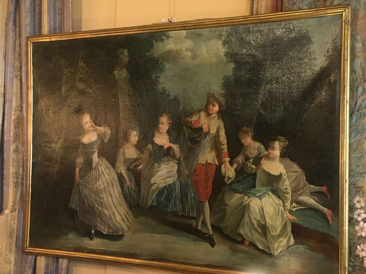 Large Framed Oil On Canvas From The 18th Century Depicting A Gallant Scene-photo-1