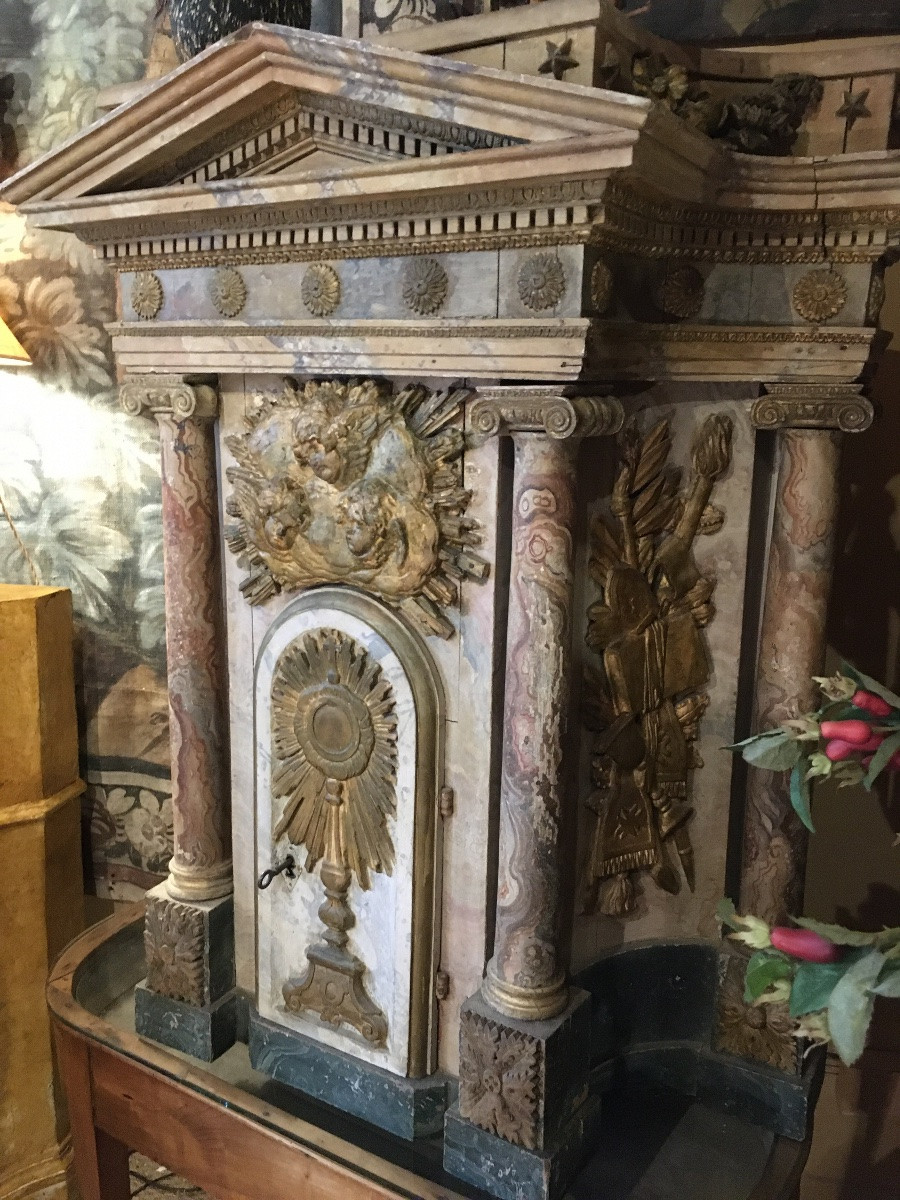 Tabernacle en bois doré, sculpté et peint d’époque XVIII ème ( belle architecture )-photo-1