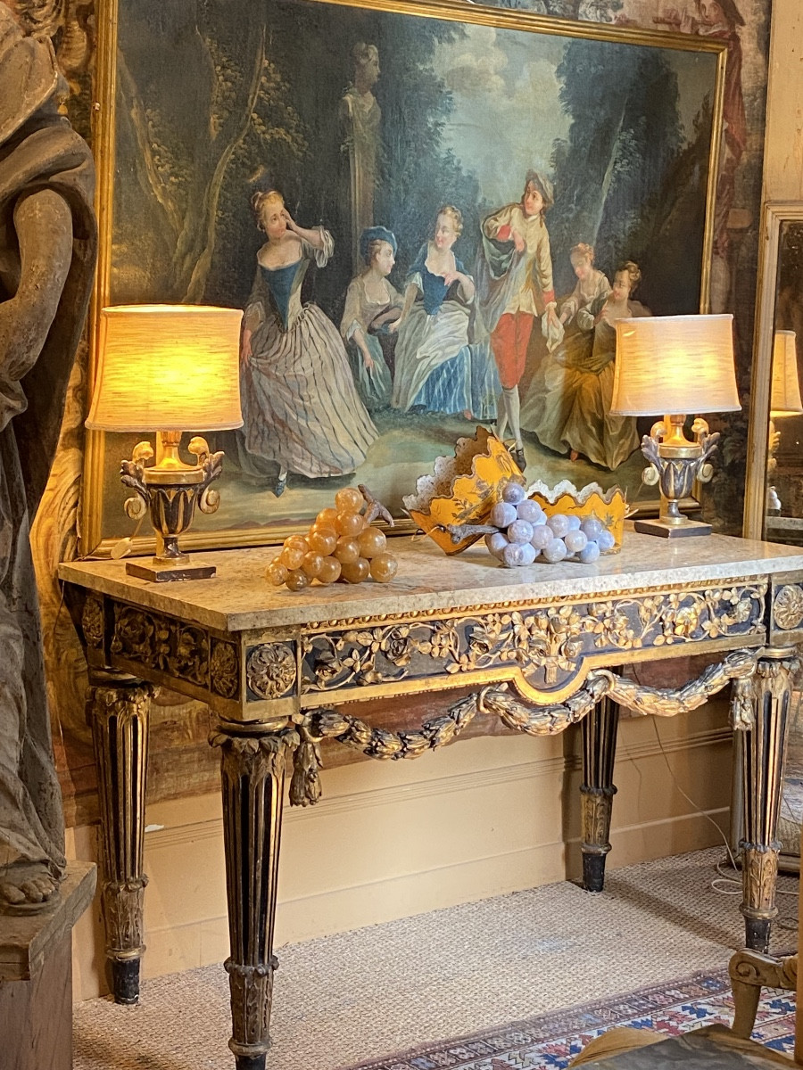 Console d’époque XVIII ème italienne en bois doré ( marbre de granit rose )