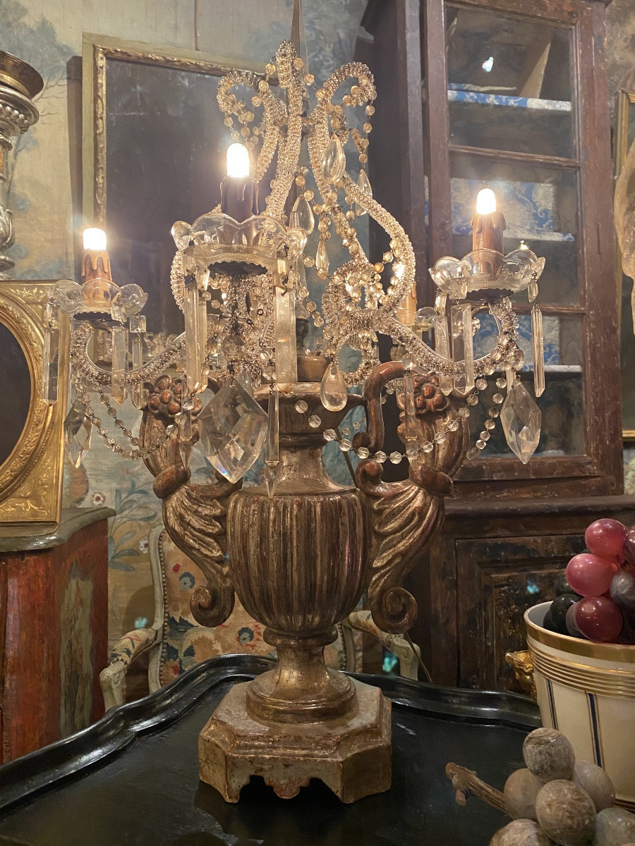 Pair Of Italian 5-light Candelabra (silvered Wooden Base), 20th Century 