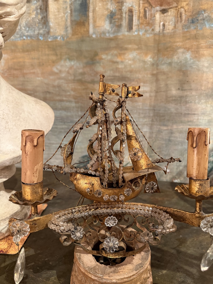 Pair Of 20th-century Electrified Ship-shaped Wall Sconces In Metal And Glass, Each With Two Lights 