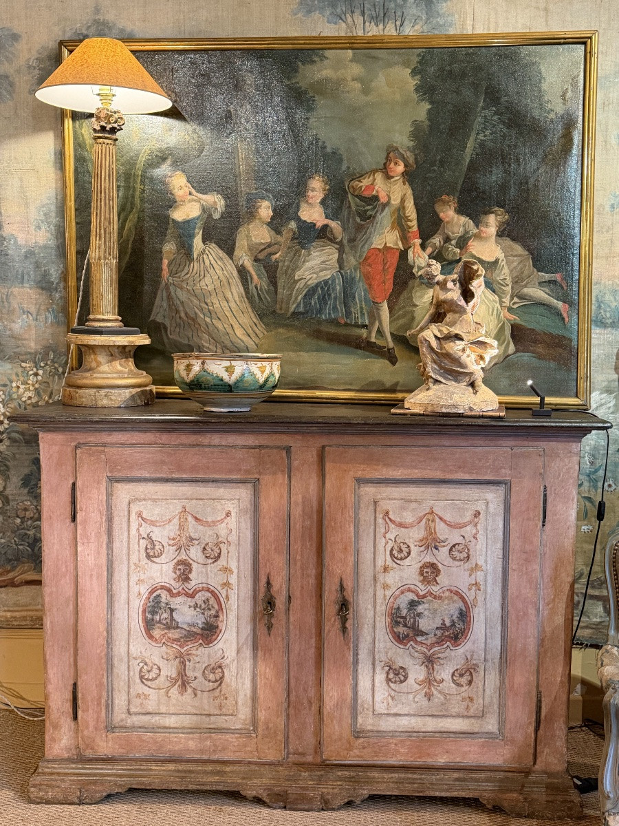 Crédence italienne peinte début XIX ème à décor de grotesques et paysages en fait sur les côtés-photo-4