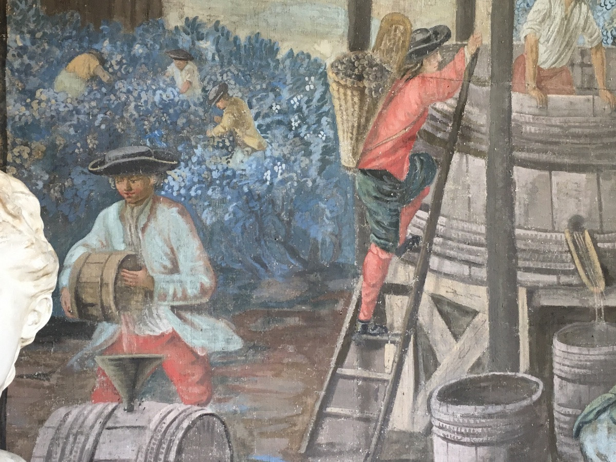 Toile peinte sur châssis XVIII ème représentant les vendanges-photo-3