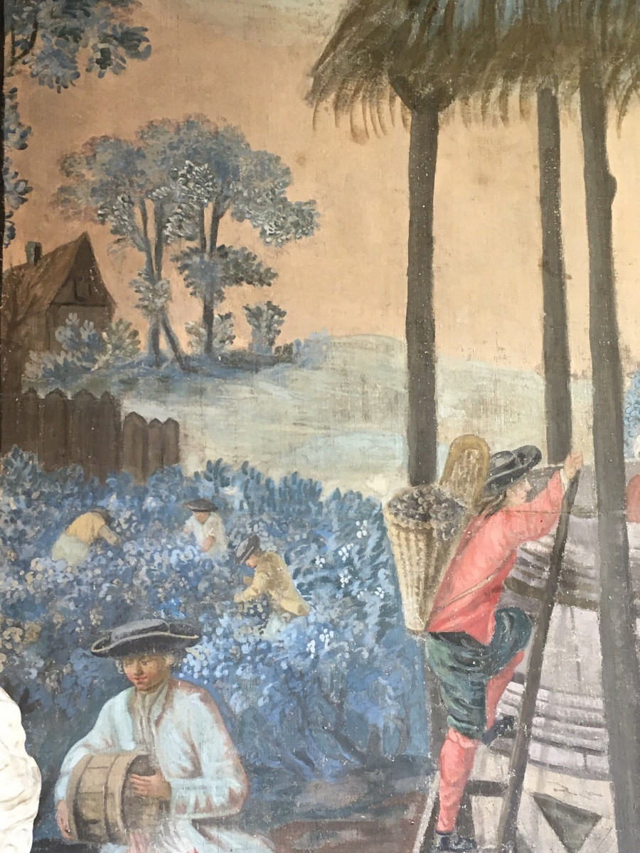 Toile peinte sur châssis XVIII ème représentant les vendanges-photo-4