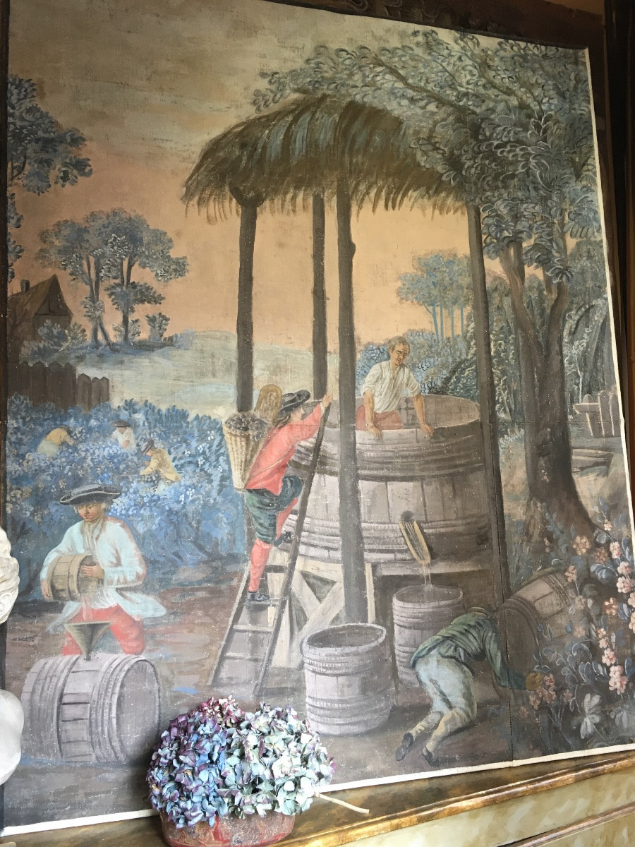 Toile peinte sur châssis XVIII ème représentant les vendanges