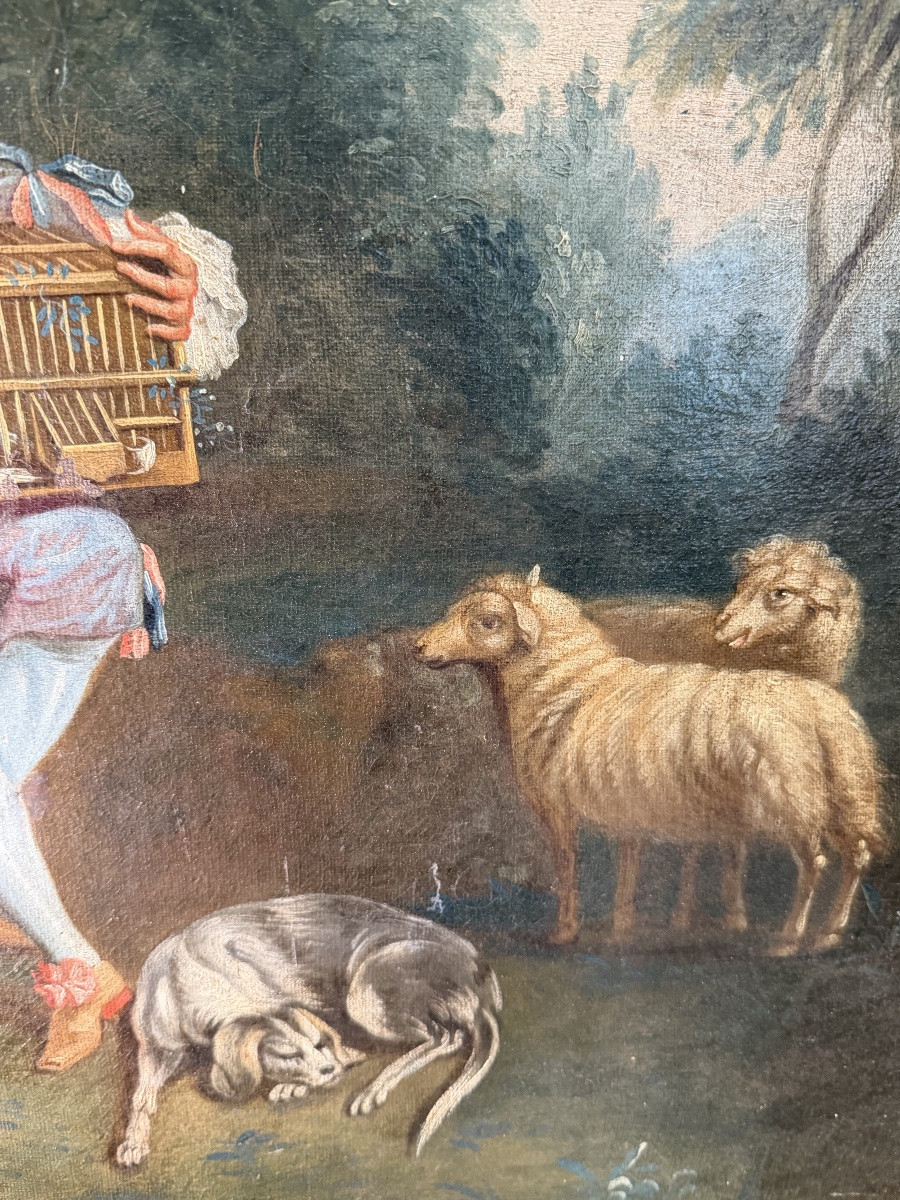 Oil On Canvas Depicting A Lovely 18th Century Galant Scene Framed In The Taste Of Boucher-photo-2