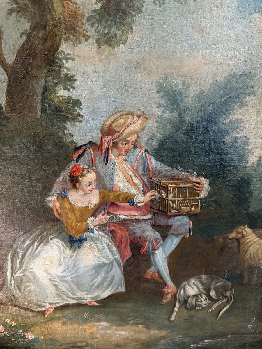 Oil On Canvas Depicting A Lovely 18th Century Galant Scene Framed In The Taste Of Boucher-photo-3