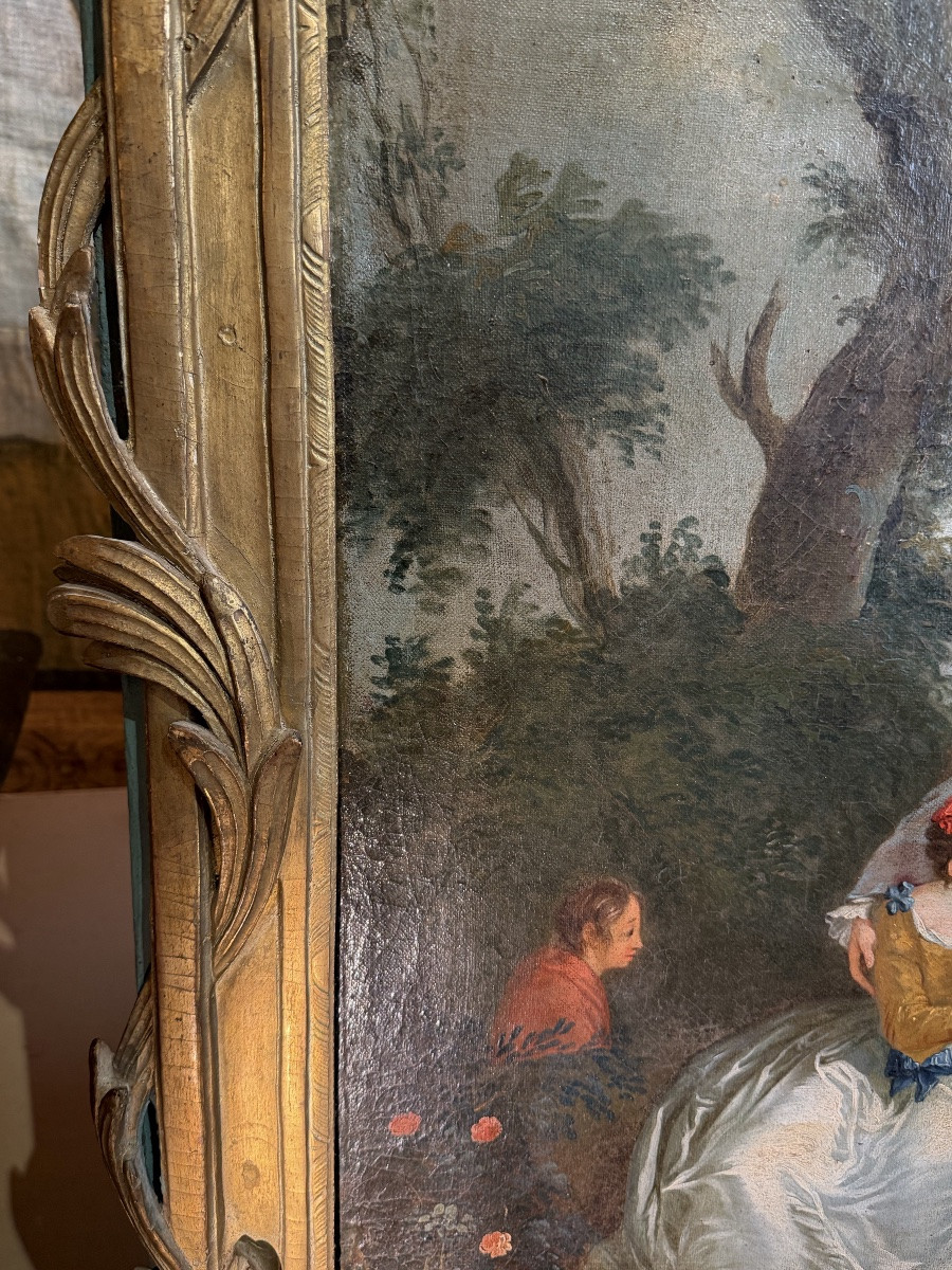 Oil On Canvas Depicting A Lovely 18th Century Galant Scene Framed In The Taste Of Boucher-photo-4