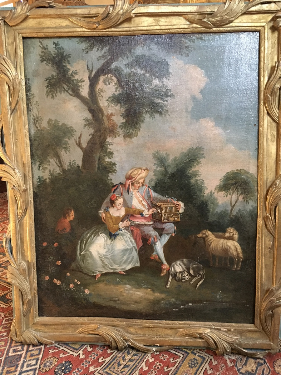 Oil On Canvas Depicting A Lovely 18th Century Galant Scene Framed In The Taste Of Boucher