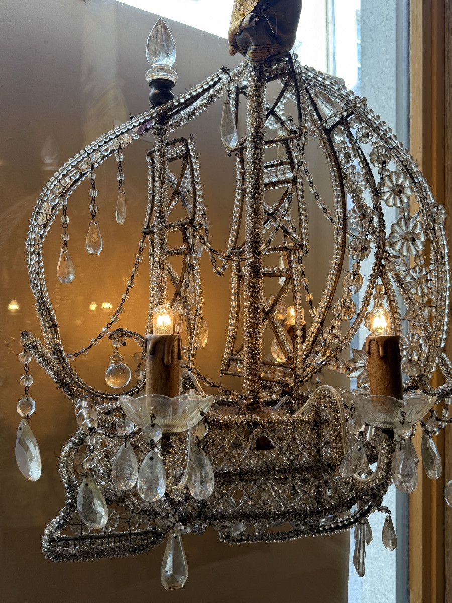Lustre-caravelle à 4 lumières ( beau travail de perles ) Italie XX ème -photo-3