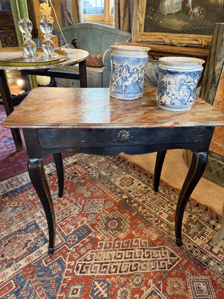 18th-century Writing Desk With A Black Lacquered Waist-high Drawer (marble-effect Top)
