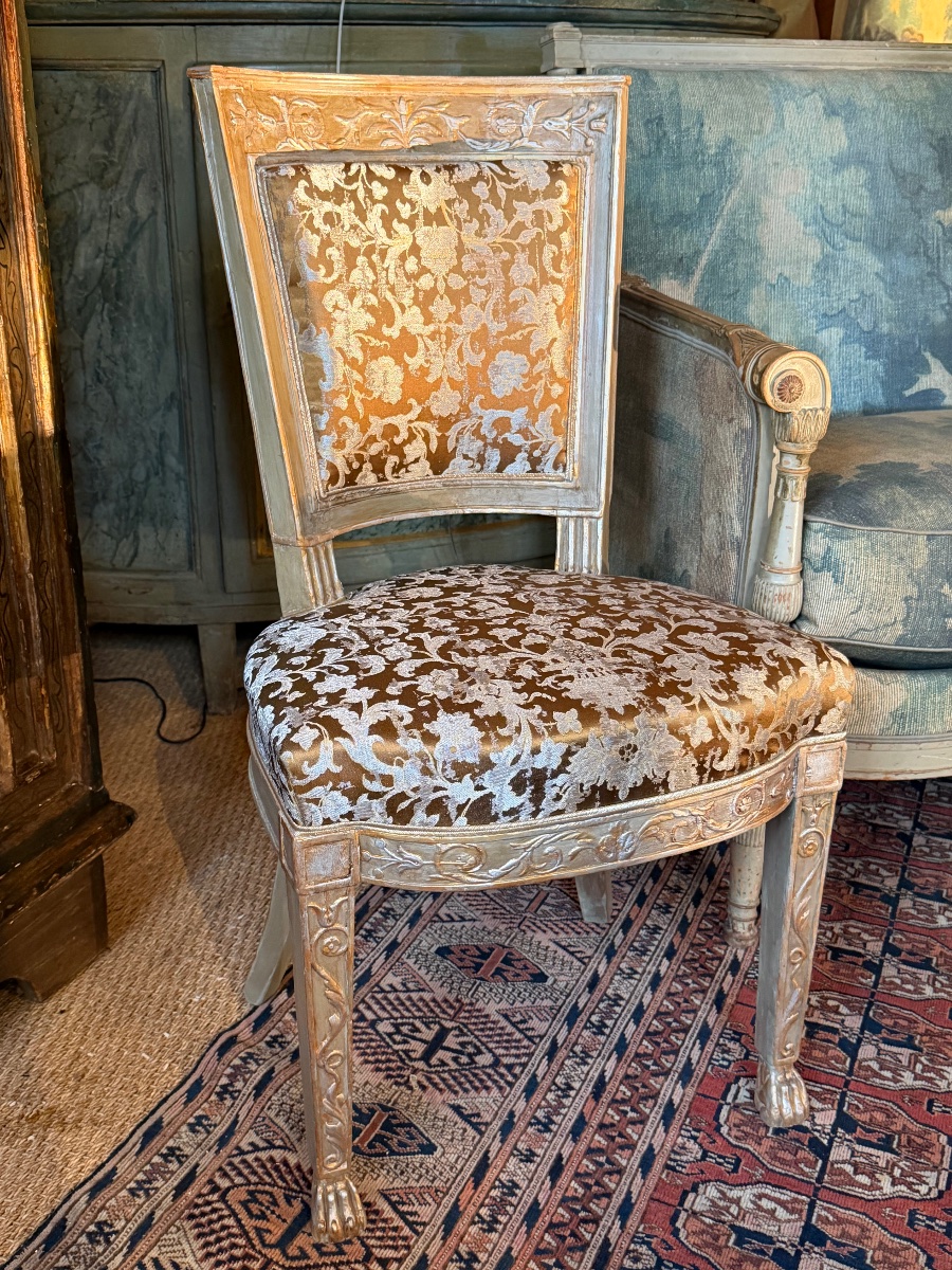 Chaise fin 18/19 ème en bois sculpté et peint ( tissus Rubelli )-photo-4