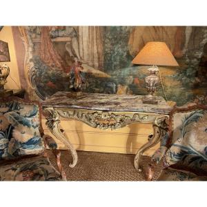 Italian Wall Console In Golden Wood With A Belt Drawer And Faux-marble Top