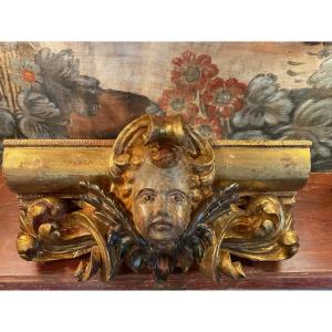 Element Of Woodwork Angel Head In Carved And Gilded Wood Late Seventeenth Time