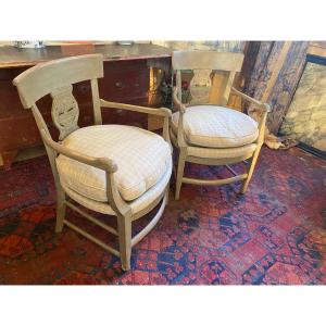 Pair Of Small Provençal Seats In Painted Wood 19th