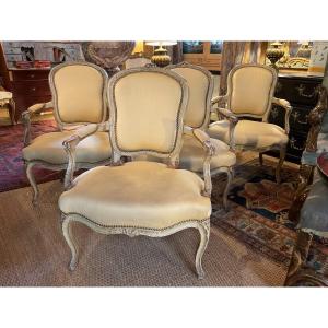 Suite Of 4 18th Century Cabriolet Armchairs In Carved And Painted Wood (original Paint)