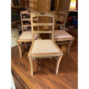 Set Of 3 Painted Chairs From The Directoire Period With Their Original Decor And Patina 