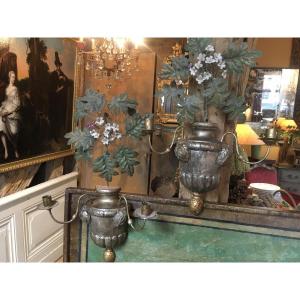 Pair Of 2-branch Wall Lights In Silver-plated Carved Wood Topped With Painted Sheet Metal Foliage