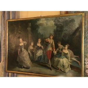Grande huile sur toile encadrée d’époque XVIII ème représentant une scène galante