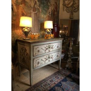 Commode italienne peinte d’époque XVIII ème ouvrant sur 2 tiroirs ( région des Marches ) 