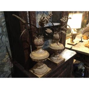 Pair Of Wooden Pots Topped With Grapes, Wheat And Metal Leaves, 19th Century 