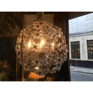 Lustre boule à 4 lumières, décor de marguerites dans le goût de Baguès début XX ème 
