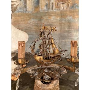 Pair Of 20th-century Electrified Ship-shaped Wall Sconces In Metal And Glass, Each With Two Lights 