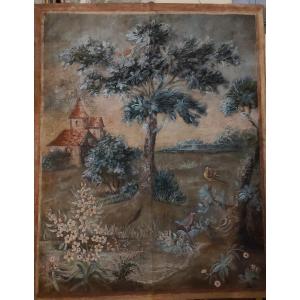 Toile peinte sur châssis ´paysage aux oiseaux ´ XVIII ème 