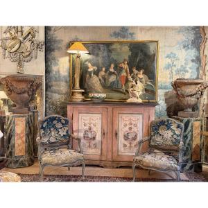 Crédence italienne peinte début XIX ème à décor de grotesques et paysages en fait sur les côtés